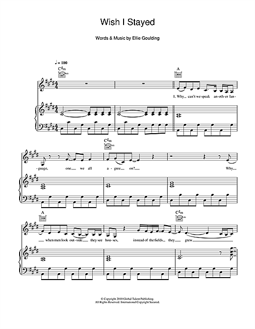 Preview Ellie Goulding Wish I Stayed Pop sheet music, notes and chords for Piano, Vocal & Guitar, SKU: 101233 sheet music, piano notes, chords, guitar tabs, score, transpose, transcribe, how to play, guide, download, learn, tutorial, progression, song, artist, awards, billboard, mtv, vh1, tour, single, album, release