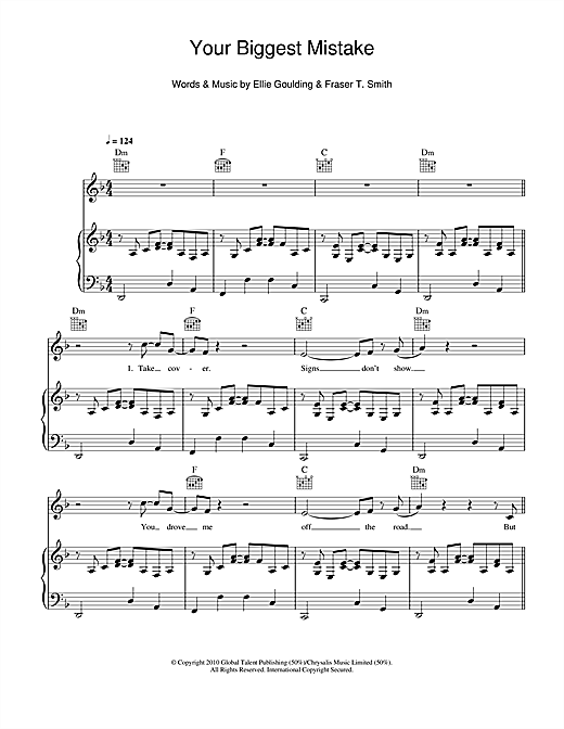 Preview Ellie Goulding Your Biggest Mistake Pop sheet music, notes and chords for Piano, Vocal & Guitar, SKU: 101234 sheet music, piano notes, chords, guitar tabs, score, transpose, transcribe, how to play, guide, download, learn, tutorial, progression, song, artist, awards, billboard, mtv, vh1, tour, single, album, release
