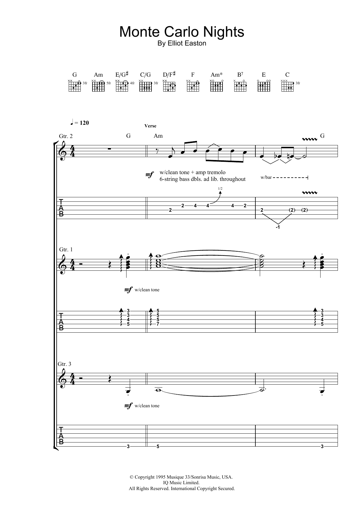 Preview Elliot Easton Monte Carlo Nights (from Jackie Brown) Rock sheet music, notes and chords for Guitar Tab, SKU: 31777 Download Elliot Easton Monte Carlo Nights (from Jackie Brown) sheet music and printable PDF score & Rock music notes