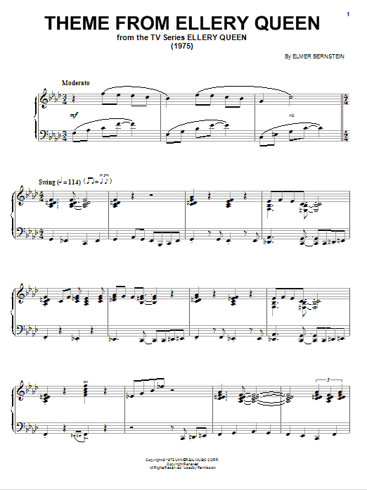 Preview Elmer Bernstein Theme from Ellery Queen Film and TV sheet music, notes and chords for Piano, SKU: 77429 sheet music, piano notes, chords, guitar tabs, score, transpose, transcribe, how to play, guide, download, learn, tutorial, progression, song, artist, awards, billboard, mtv, vh1, tour, single, album, release