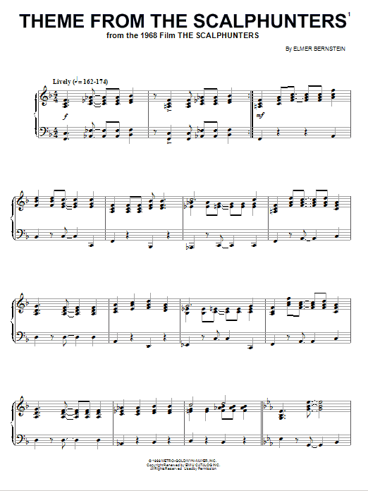 Preview Elmer Bernstein Theme from The Scalphunters Film and TV sheet music, notes and chords for Piano, SKU: 77430 sheet music, piano notes, chords, guitar tabs, score, transpose, transcribe, how to play, guide, download, learn, tutorial, progression, song, artist, awards, billboard, mtv, vh1, tour, single, album, release