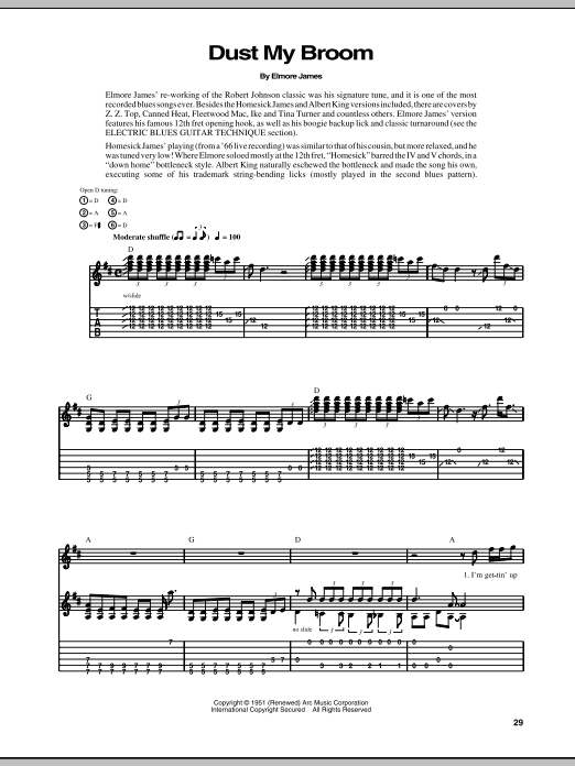Preview Elmore James Dust My Broom Country sheet music, notes and chords for Guitar Tab Play-Along, SKU: 82444 sheet music, piano notes, chords, guitar tabs, score, transpose, transcribe, how to play, guide, download, learn, tutorial, progression, song, artist, awards, billboard, mtv, vh1, tour, single, album, release