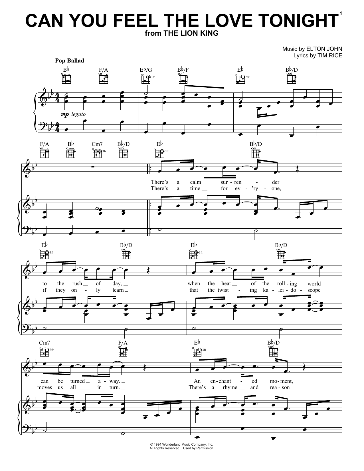 Download Elton John Can You Feel The Love Tonight (from The Lion King) sheet music and printable PDF score & Children music notes