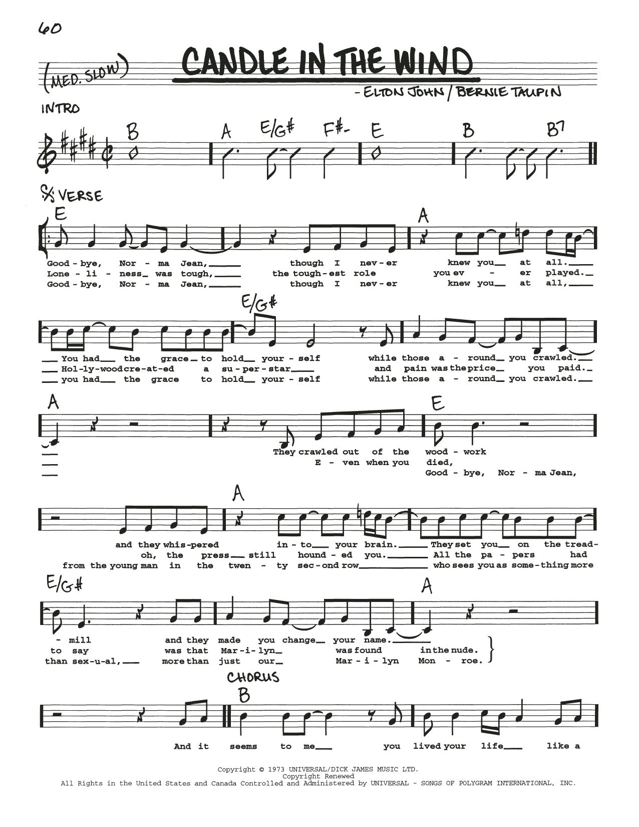 Elton John "Candle In The Wind" Sheet Music Download Printable Pop