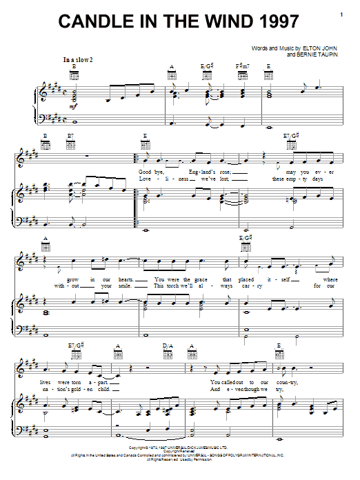 Preview Elton John Candle In The Wind 1997 Rock sheet music, notes and chords for Lyrics & Chords, SKU: 78989 Download Elton John Candle In The Wind 1997 sheet music and printable PDF score & Rock music notes