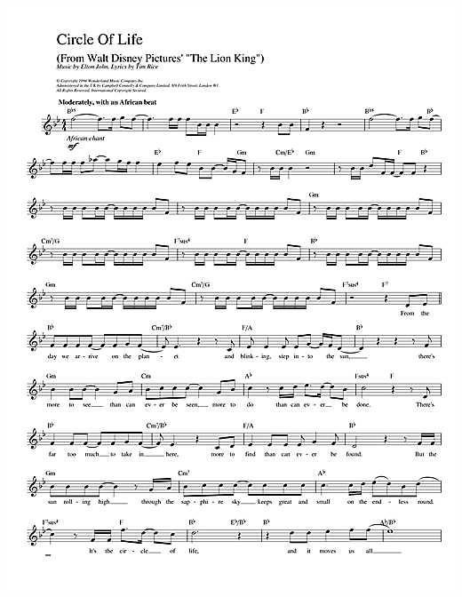 Download Elton John Circle Of Life sheet music and printable PDF score & Pop music notes