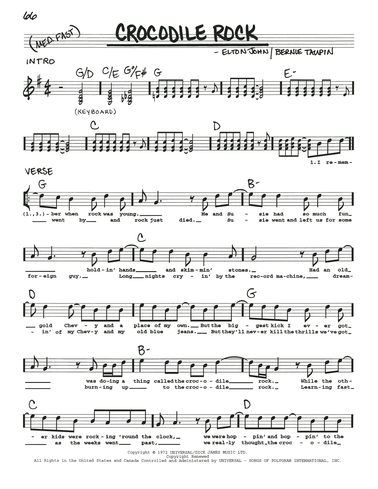 Download Elton John Crocodile Rock sheet music and printable PDF score & Rock music notes