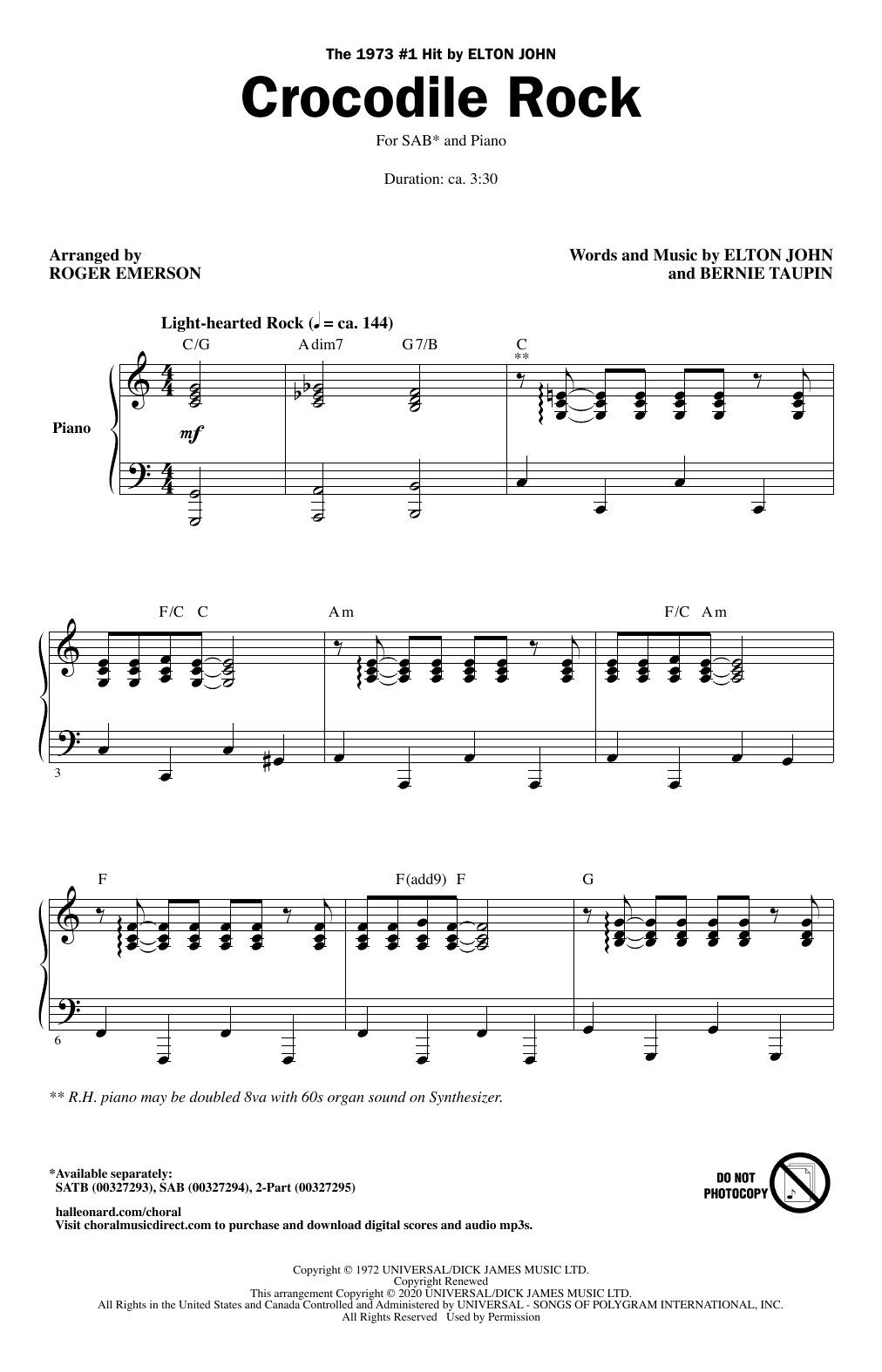 Elton John Crocodile Rock (arr. Roger Emerson) Sheet Music & Chords for SAB Choir - Download or Print PDF