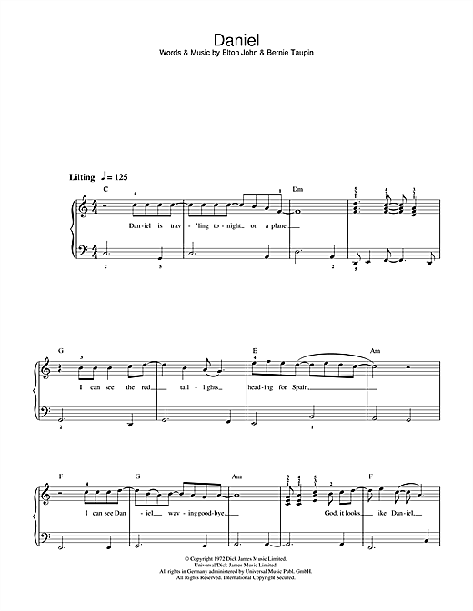 Download Elton John Daniel sheet music and printable PDF score & Rock music notes