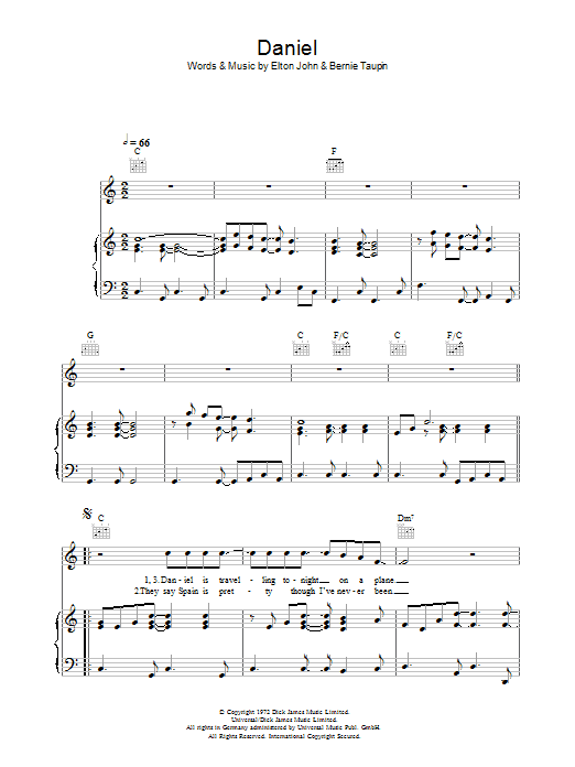 Preview Elton John Daniel Rock sheet music, notes and chords for Piano, Vocal & Guitar, SKU: 38513 Download Elton John Daniel sheet music and printable PDF score & Rock music notes