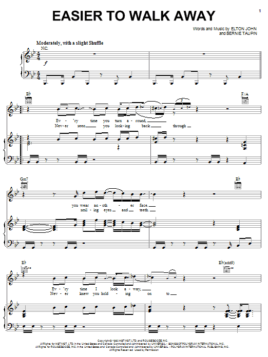 Preview Elton John Easier To Walk Away Rock sheet music, notes and chords for Lyrics & Chords, SKU: 79004 Download Elton John Easier To Walk Away sheet music and printable PDF score & Rock music notes