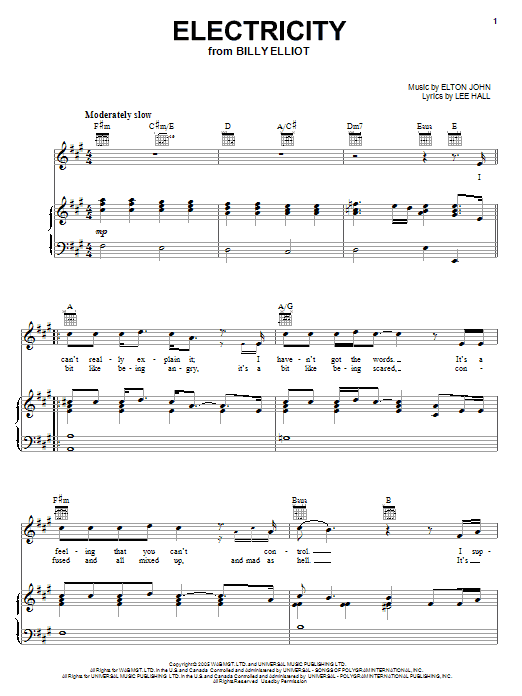 Preview Elton John Electricity Musicals sheet music, notes and chords for Alto Saxophone, SKU: 48337 Download Elton John Electricity sheet music and printable PDF score & Musicals music notes
