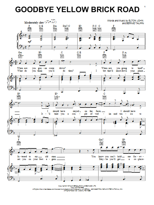 Download Elton John Goodbye Yellow Brick Road sheet music and printable PDF score & Pop music notes