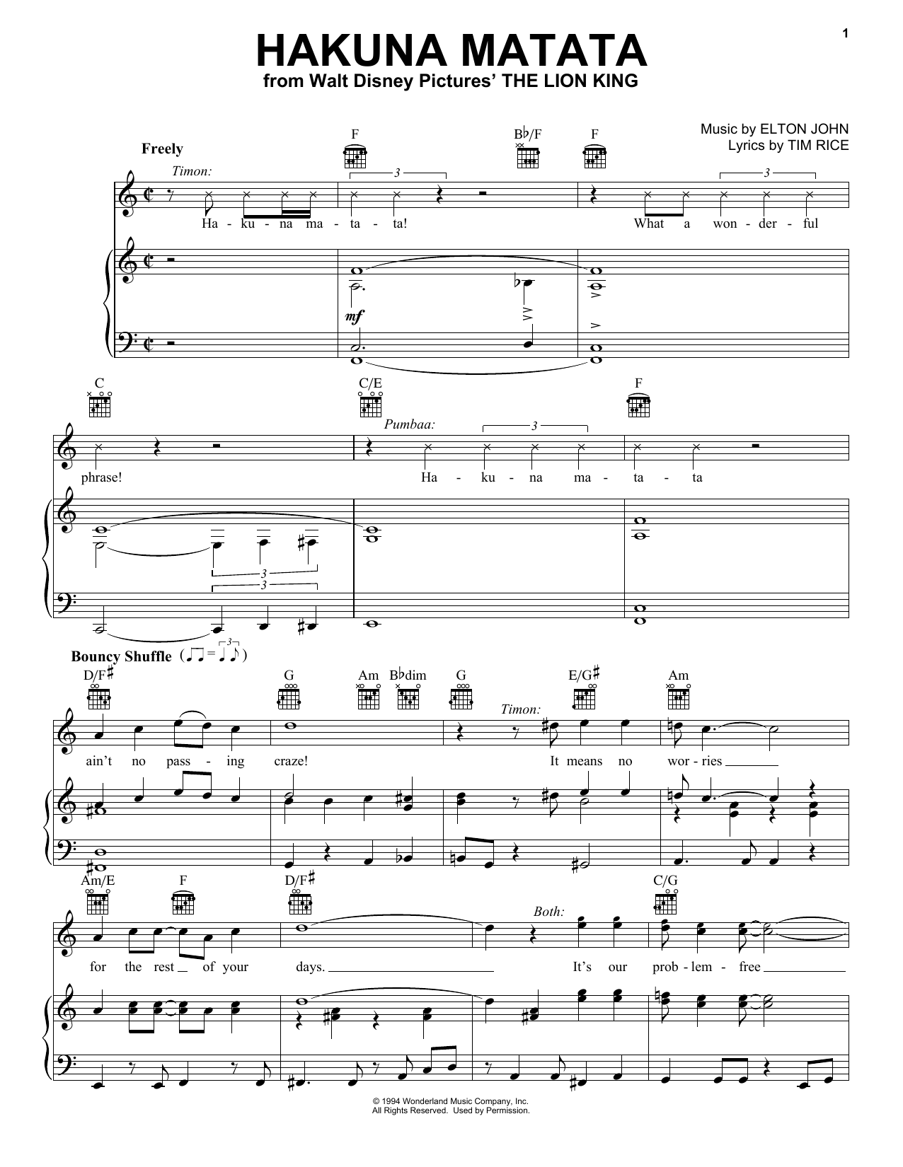 Download Elton John Hakuna Matata (from The Lion King) sheet music and printable PDF score & Children music notes