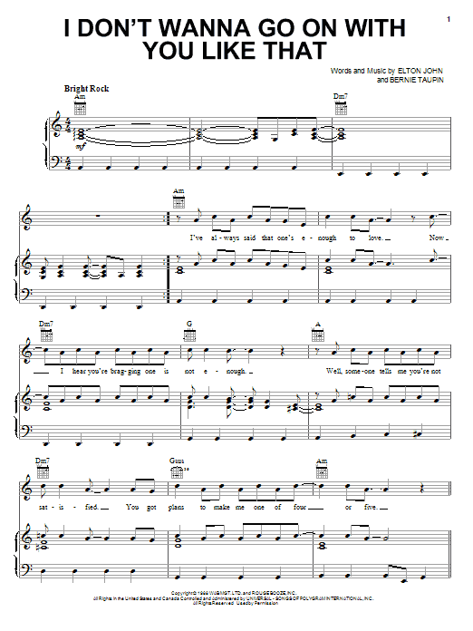Preview Elton John I Don't Wanna Go On With You Like That Rock sheet music, notes and chords for Easy Guitar Tab, SKU: 69401 Download Elton John I Don't Wanna Go On With You Like That sheet music and printable PDF score & Rock music notes