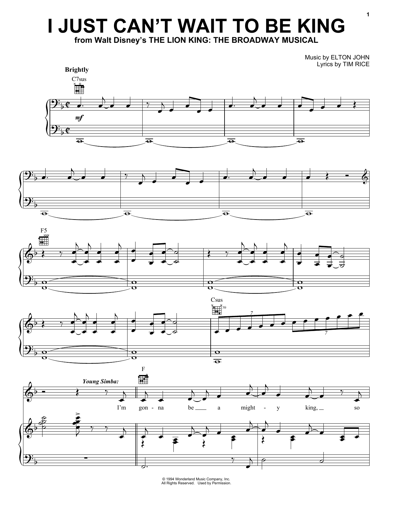 Preview Elton John I Just Can't Wait To Be King (from The Lion King: Broadway Musical) Pop sheet music, notes and chords for Piano, Vocal & Guitar (Right-Hand Melody), SKU: 16538 sheet music, piano notes, chords, guitar tabs, score, transpose, transcribe, how to play, guide, download, learn, tutorial, progression, song, artist, awards, billboard, mtv, vh1, tour, single, album, release