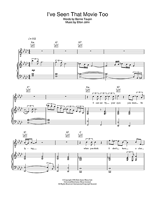Preview Elton John I've Seen That Movie Too Pop sheet music, notes and chords for Piano, Vocal & Guitar, SKU: 114926 sheet music, piano notes, chords, guitar tabs, score, transpose, transcribe, how to play, guide, download, learn, tutorial, progression, song, artist, awards, billboard, mtv, vh1, tour, single, album, release