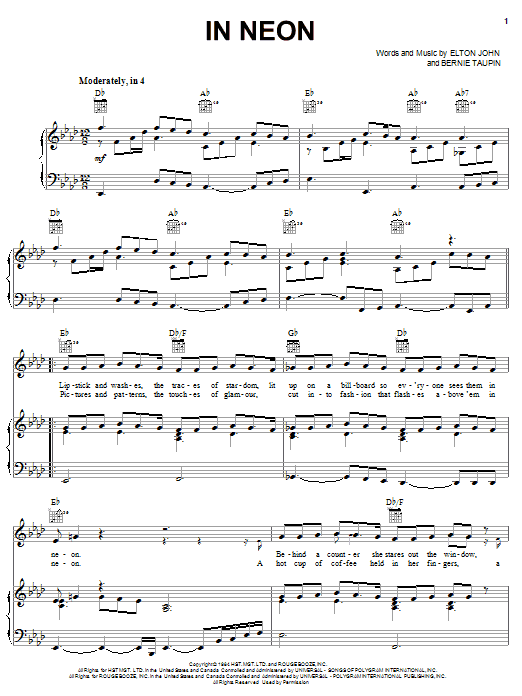 Preview Elton John In Neon Rock sheet music, notes and chords for Lyrics & Chords, SKU: 78966 Download Elton John In Neon sheet music and printable PDF score & Rock music notes