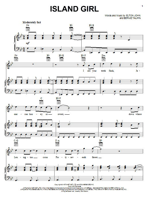 Download Elton John Island Girl sheet music and printable PDF score & Rock music notes