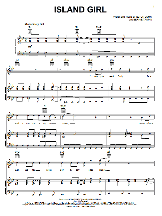 Preview Elton John Island Girl Rock sheet music, notes and chords for Lyrics & Chords, SKU: 78968 Download Elton John Island Girl sheet music and printable PDF score & Rock music notes