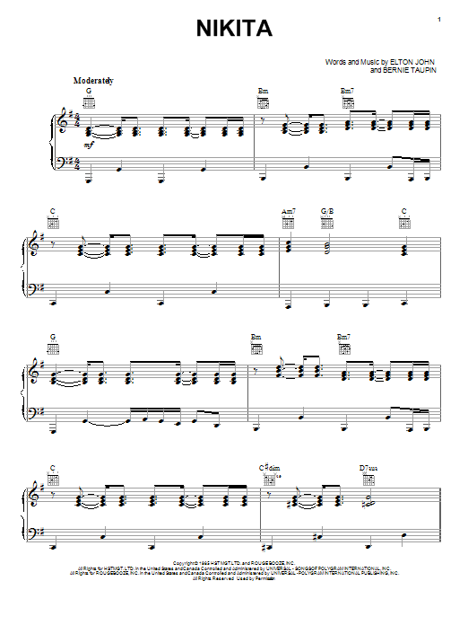 Download Elton John Nikita sheet music and printable PDF score & Rock music notes