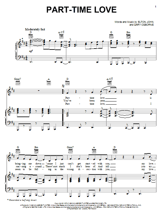 Download Elton John Part-Time Love sheet music and printable PDF score & Rock music notes