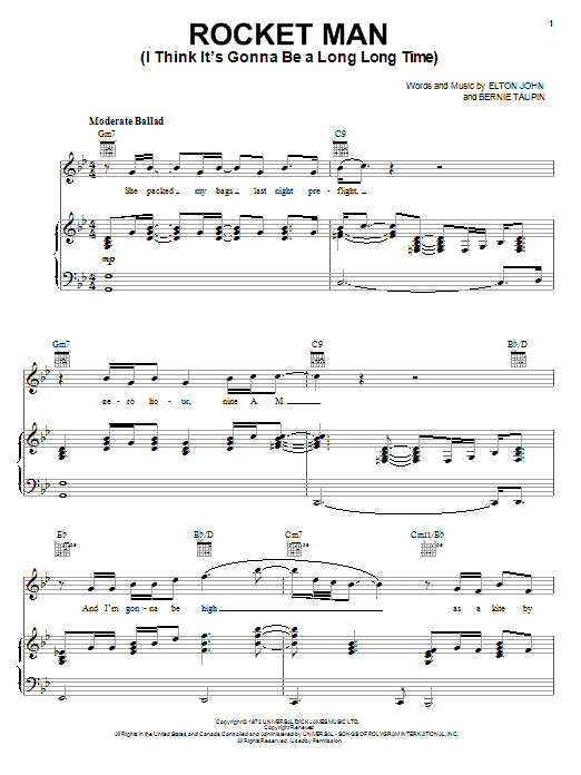 Download Elton John Rocket Man (I Think It's Gonna Be A Long Long Time) sheet music and printable PDF score & Rock music notes
