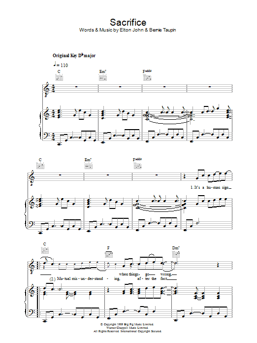 Download Elton John Sacrifice sheet music and printable PDF score & Pop music notes