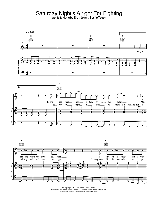 Preview Elton John Saturday Night's Alright (For Fighting) Pop sheet music, notes and chords for Piano, Vocal & Guitar, SKU: 24241 sheet music, piano notes, chords, guitar tabs, score, transpose, transcribe, how to play, guide, download, learn, tutorial, progression, song, artist, awards, billboard, mtv, vh1, tour, single, album, release
