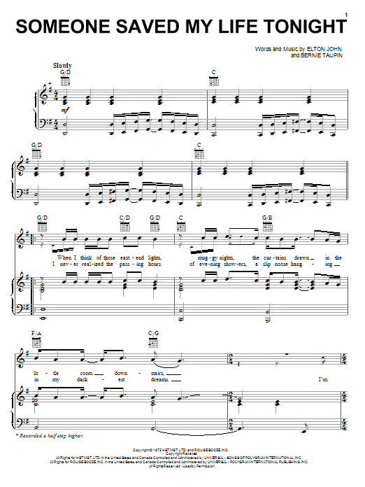 Preview Elton John Someone Saved My Life Tonight Rock sheet music, notes and chords for Lyrics & Chords, SKU: 78984 Download Elton John Someone Saved My Life Tonight sheet music and printable PDF score & Rock music notes