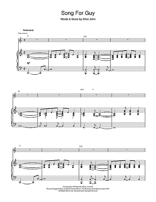 Preview Elton John Song For Guy Rock sheet music, notes and chords for Piano, Vocal & Guitar (Right-Hand Melody), SKU: 51539 sheet music, piano notes, chords, guitar tabs, score, transpose, transcribe, how to play, guide, download, learn, tutorial, progression, song, artist, awards, billboard, mtv, vh1, tour, single, album, release