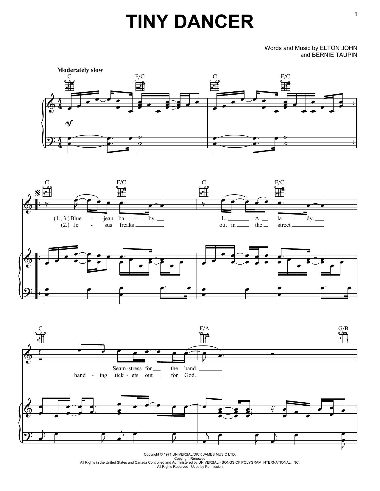 Download Elton John Tiny Dancer sheet music and printable PDF score & Rock music notes