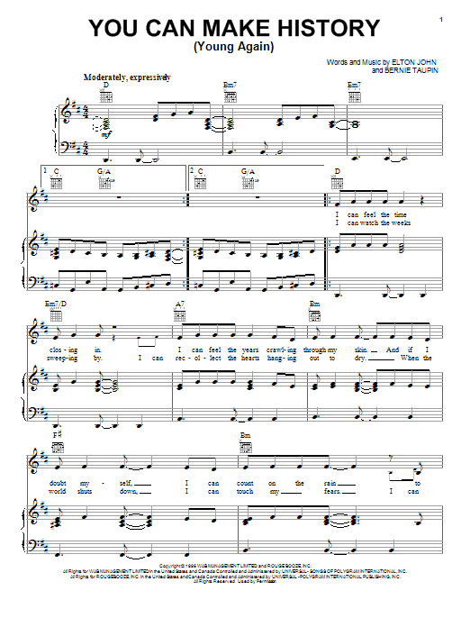 Preview Elton John You Can Make History (Young Again) Rock sheet music, notes and chords for Lyrics & Chords, SKU: 79033 Download Elton John You Can Make History (Young Again) sheet music and printable PDF score & Rock music notes