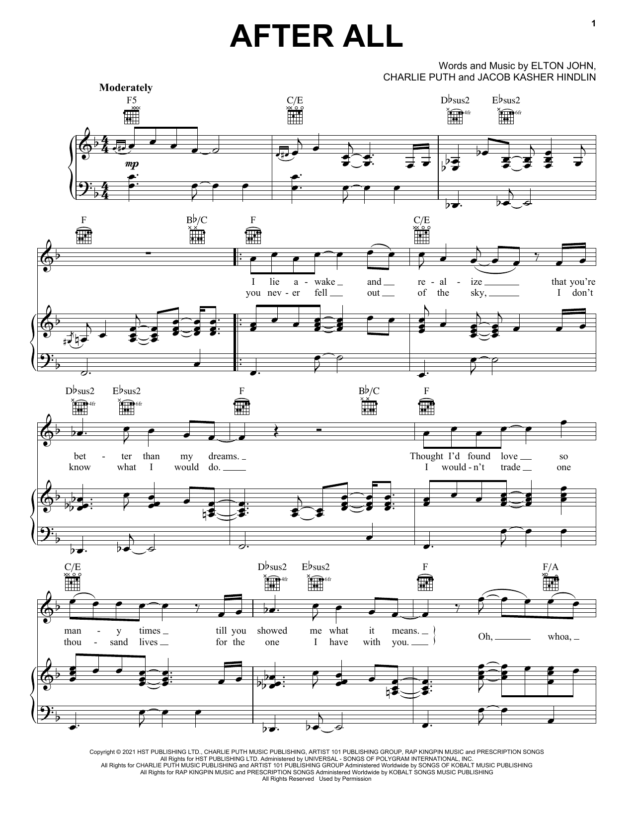 Preview Elton John & Charlie Puth After All Pop sheet music, notes and chords for Piano, Vocal & Guitar (Right-Hand Melody), SKU: 509531 Download Elton John & Charlie Puth After All sheet music and printable PDF score & Pop music notes