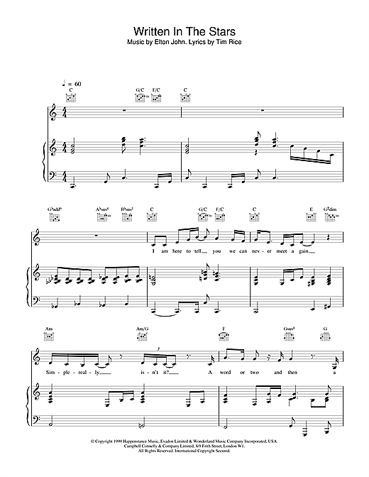 Preview Elton John & LeAnn Rimes Written In The Stars Rock sheet music, notes and chords for Piano, Vocal & Guitar, SKU: 13881 sheet music, piano notes, chords, guitar tabs, score, transpose, transcribe, how to play, guide, download, learn, tutorial, progression, song, artist, awards, billboard, mtv, vh1, tour, single, album, release