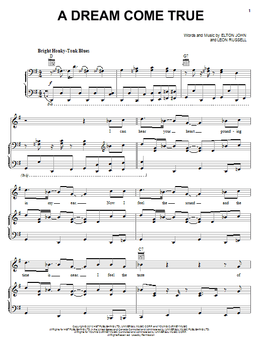 Preview Elton John & Leon Russell A Dream Come True Rock sheet music, notes and chords for Piano, Vocal & Guitar (Right-Hand Melody), SKU: 82266 Download Elton John & Leon Russell A Dream Come True sheet music and printable PDF score & Rock music notes