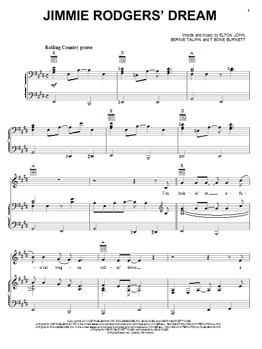 Preview Elton John & Leon Russell Jimmie Rodgers' Dream Rock sheet music, notes and chords for Piano, Vocal & Guitar (Right-Hand Melody), SKU: 82260 sheet music, piano notes, chords, guitar tabs, score, transpose, transcribe, how to play, guide, download, learn, tutorial, progression, song, artist, awards, billboard, mtv, vh1, tour, single, album, release