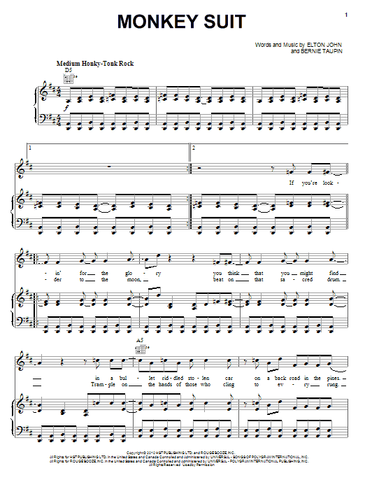 Preview Elton John & Leon Russell Monkey Suit Rock sheet music, notes and chords for Piano, Vocal & Guitar (Right-Hand Melody), SKU: 82259 Download Elton John & Leon Russell Monkey Suit sheet music and printable PDF score & Rock music notes