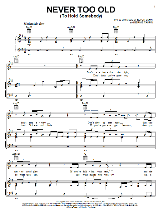Preview Elton John & Leon Russell Never Too Old (To Hold Somebody) Rock sheet music, notes and chords for Piano, Vocal & Guitar (Right-Hand Melody), SKU: 82258 sheet music, piano notes, chords, guitar tabs, score, transpose, transcribe, how to play, guide, download, learn, tutorial, progression, song, artist, awards, billboard, mtv, vh1, tour, single, album, release