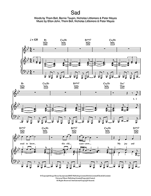 Preview Elton John vs. Pnau Sad Pop sheet music, notes and chords for Piano, Vocal & Guitar (Right-Hand Melody), SKU: 114479 sheet music, piano notes, chords, guitar tabs, score, transpose, transcribe, how to play, guide, download, learn, tutorial, progression, song, artist, awards, billboard, mtv, vh1, tour, single, album, release