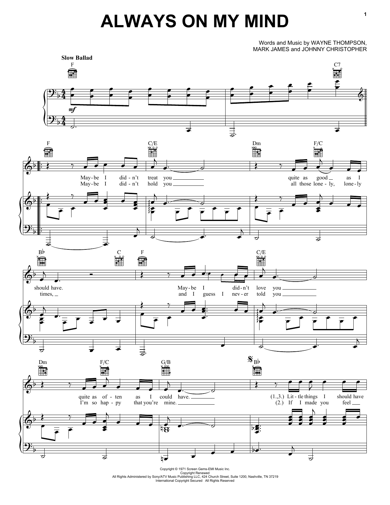 Download Elvis Presley Always On My Mind sheet music and printable PDF score & Pop music notes