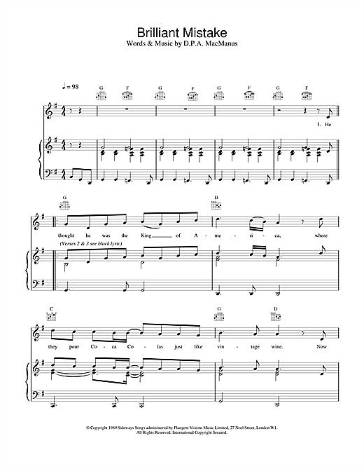 Preview Elvis Costello Brilliant Mistake Rock sheet music, notes and chords for Piano, Vocal & Guitar (Right-Hand Melody), SKU: 13640 sheet music, piano notes, chords, guitar tabs, score, transpose, transcribe, how to play, guide, download, learn, tutorial, progression, song, artist, awards, billboard, mtv, vh1, tour, single, album, release