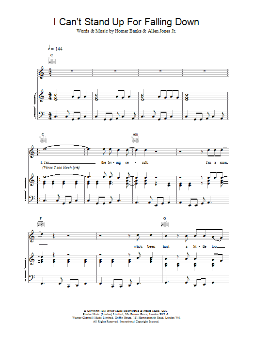Preview Elvis Costello I Can't Stand Up For Falling Down Rock sheet music, notes and chords for Piano, Vocal & Guitar (Right-Hand Melody), SKU: 13672 Download Elvis Costello I Can't Stand Up For Falling Down sheet music and printable PDF score & Rock music notes