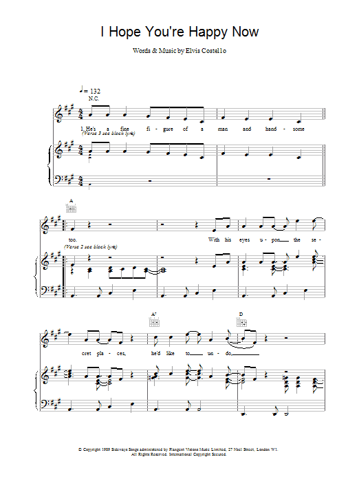 Preview Elvis Costello I Hope You're Happy Now Rock sheet music, notes and chords for Piano, Vocal & Guitar (Right-Hand Melody), SKU: 13678 Download Elvis Costello I Hope You're Happy Now sheet music and printable PDF score & Rock music notes
