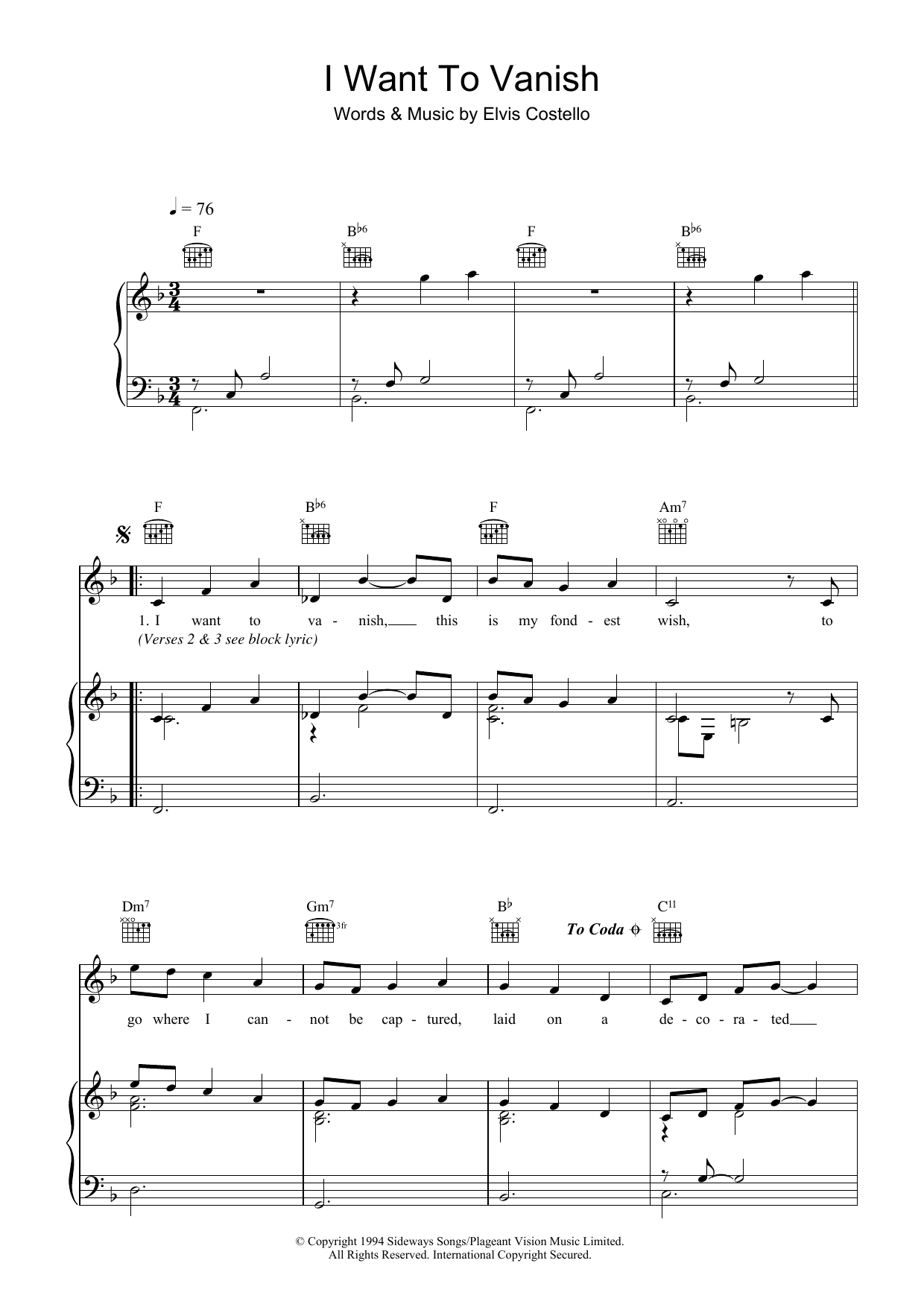 Download Elvis Costello I Want To Vanish sheet music and printable PDF score & Rock music notes