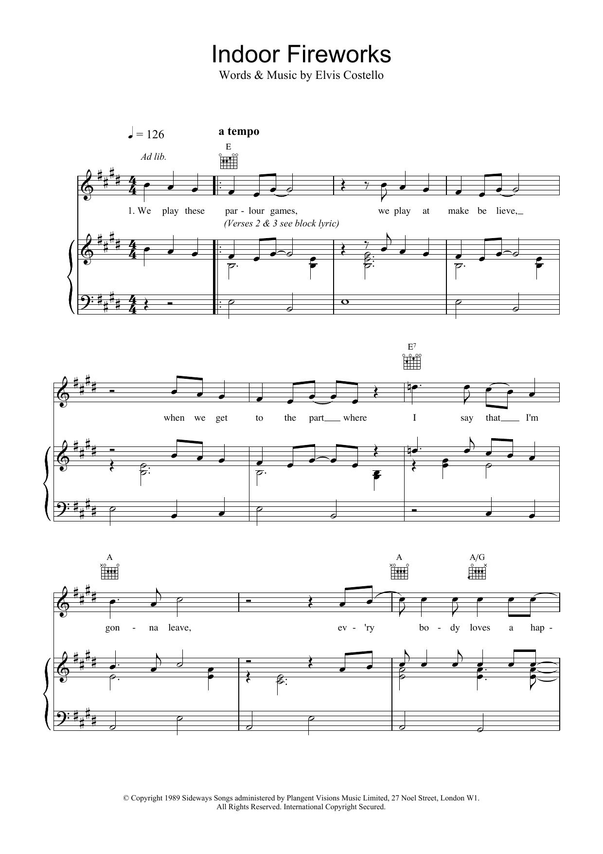 Preview Elvis Costello Indoor Fireworks Rock sheet music, notes and chords for Piano, Vocal & Guitar (Right-Hand Melody), SKU: 13681 Download Elvis Costello Indoor Fireworks sheet music and printable PDF score & Rock music notes