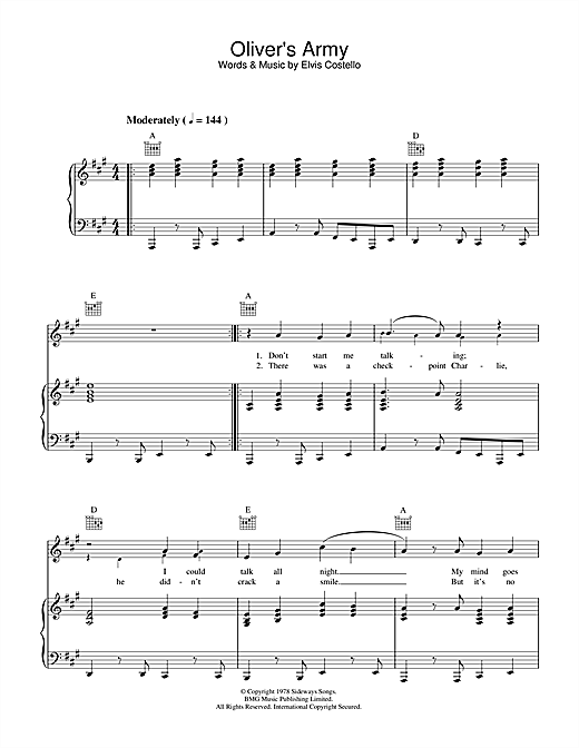 Preview Elvis Costello Oliver's Army Pop sheet music, notes and chords for Lyrics & Chords, SKU: 47649 sheet music, piano notes, chords, guitar tabs, score, transpose, transcribe, how to play, guide, download, learn, tutorial, progression, song, artist, awards, billboard, mtv, vh1, tour, single, album, release