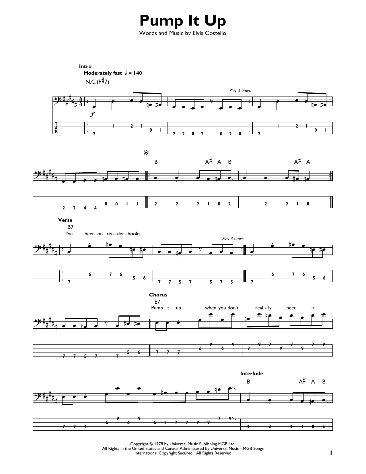 Download Elvis Costello Pump It Up sheet music and printable PDF score & Pop music notes