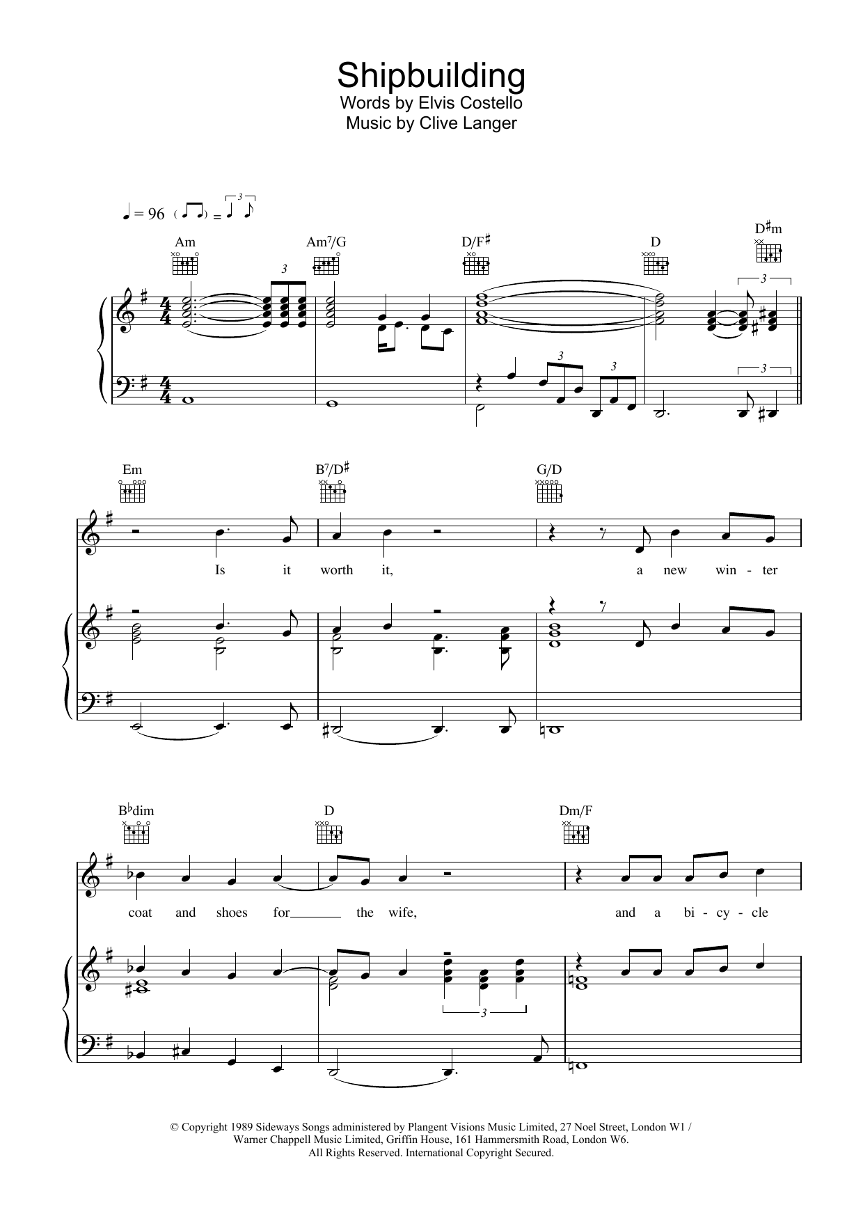 Preview Elvis Costello Shipbuilding Rock sheet music, notes and chords for Piano, Vocal & Guitar (Right-Hand Melody), SKU: 13722 Download Elvis Costello Shipbuilding sheet music and printable PDF score & Rock music notes