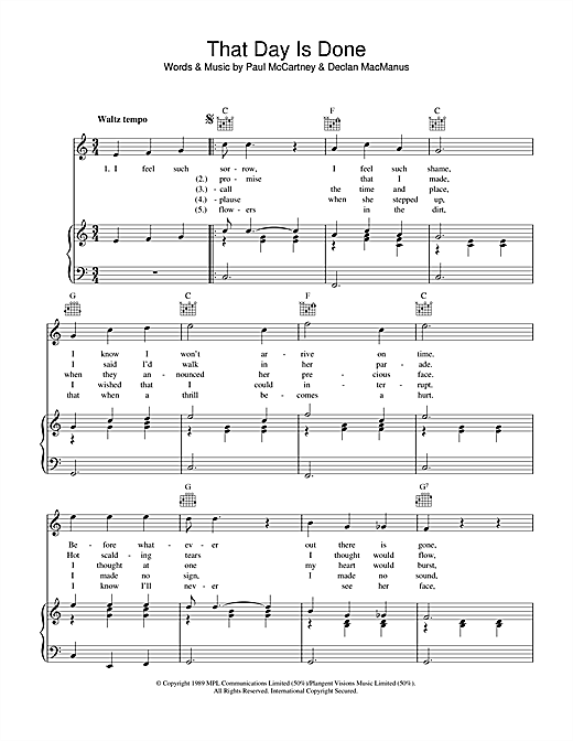 Preview Elvis Costello That Day Is Done Rock sheet music, notes and chords for Piano, Vocal & Guitar (Right-Hand Melody), SKU: 13732 sheet music, piano notes, chords, guitar tabs, score, transpose, transcribe, how to play, guide, download, learn, tutorial, progression, song, artist, awards, billboard, mtv, vh1, tour, single, album, release
